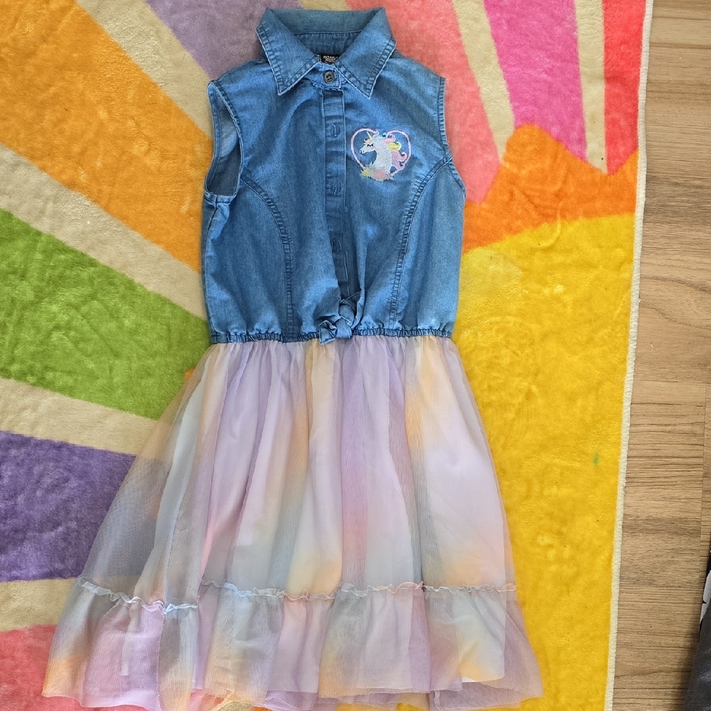 Denim and Pastel Rainbow Kids Casual Dress